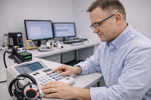 Technician calibrating audiometer.